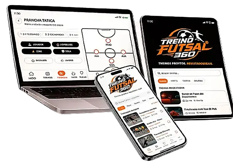 Aplicativo Treino Futsal 360 rodando em notebook, tablet e celular